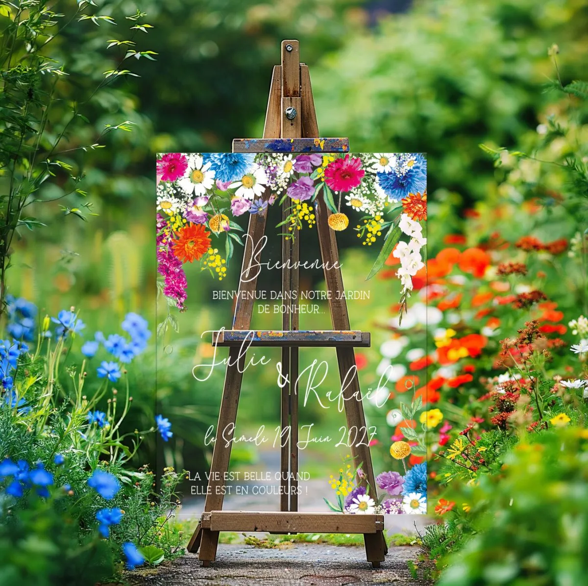 Panneau de bienvenue mariage en plexiglas transparent, illustration fleurs sauvages multicolores gerberas orange bleuets et marguerites aquarelle, sur chevalet bois foncé dans un jardin fleuri coloré, personnalisé aux prénoms des mariés